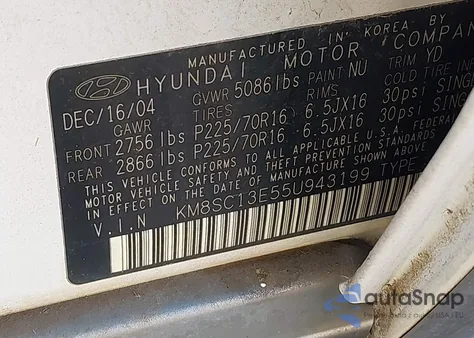 2005 Hyundai Santa Fe Gls/Lx из США, поврежденный, VIN KM8SC13E55U943199